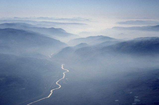 Aerial view of Yellowstone River at Gardiner with smoke inversion Picture