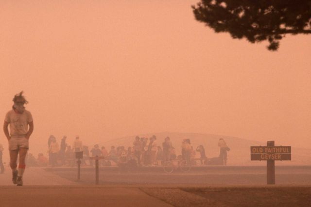 Group of employees at Old Faithful Geyser boardwalk with dense smoke Picture