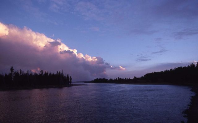 Thick smoke plume south of Yellowstone Lake at sunset as seen from Fishing Bridge Picture