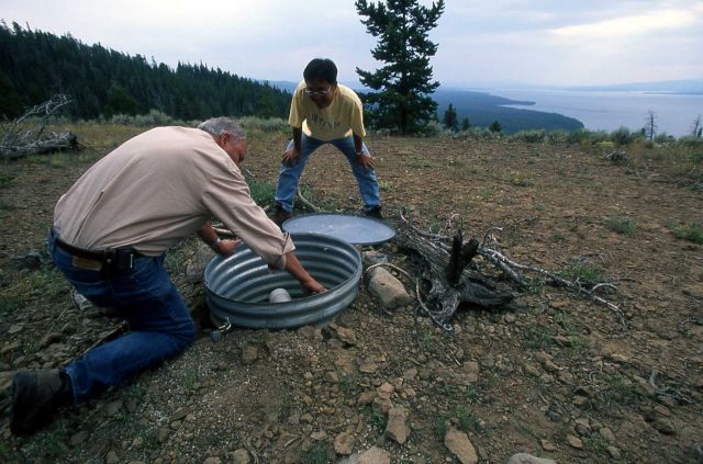 Dr Robert Smith & a graduate student at Lake Butte seismograph Picture