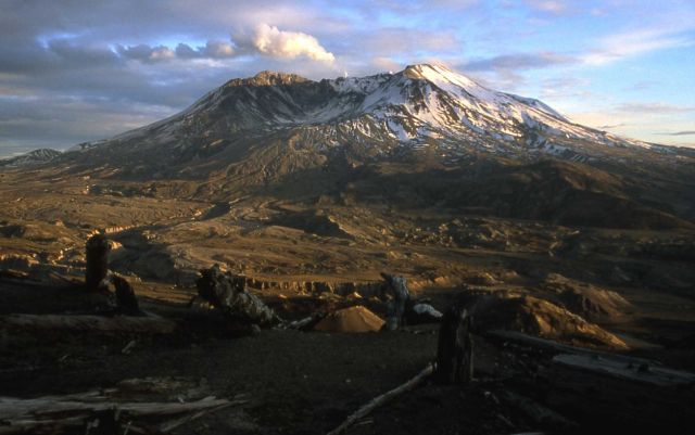 Venting new dome at Mt St Helens at sunset as seen from Johnston Ridge Picture