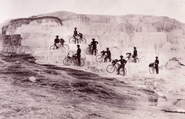 Army bicyclists on Mammoth Hot Springs Terraces Picture