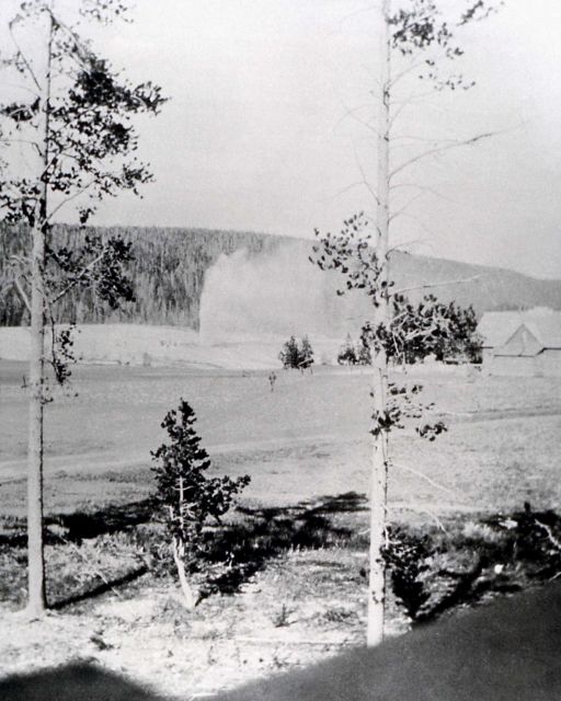 Beehive Geyser as seen from the Haynes Studio - building on the right thought to be the Geyser Bath (as per Lee Whittlesey, Yellowstone Park Historian Picture