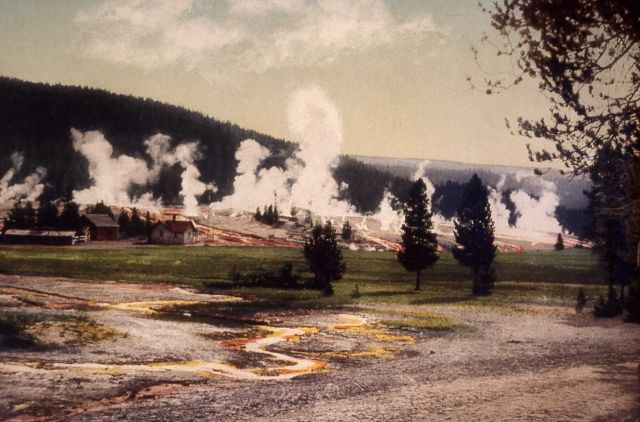 Old Faithful soldier station & Giantess geyser, Geyser Hill in background Picture
