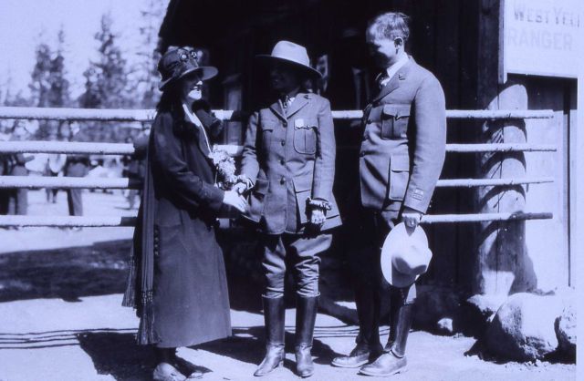 Superintendent H Albright, Wyoming governor (1st woman), Nellie Ross, Ranger Freda Nelson opening West Yellowstone entrance Picture