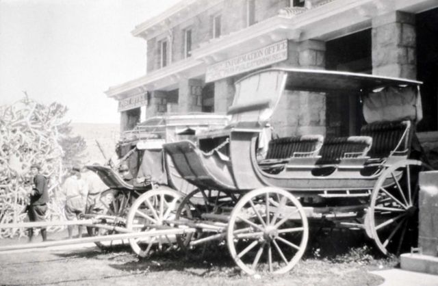 Coaches in front of museum, Mammoth Hot Springs (dedicated Albright Visitor Center in 1979) Picture