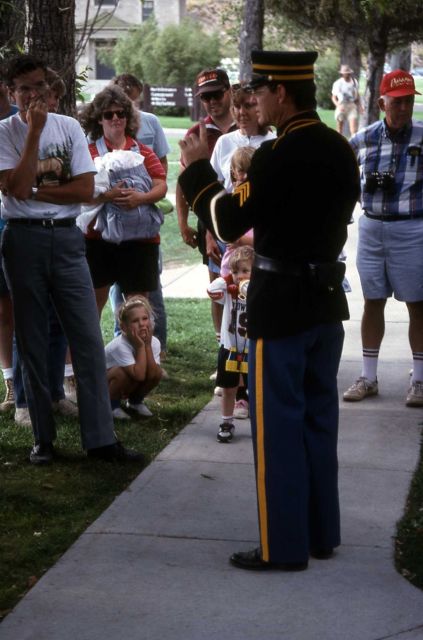 John Whitman, in a soldiers uniform, leading a Fort Yellowstone walk Picture