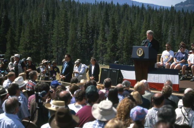 President Bill Clinton addressing crowd at New World Mine buyout ceremony near Barronette Peak Picture