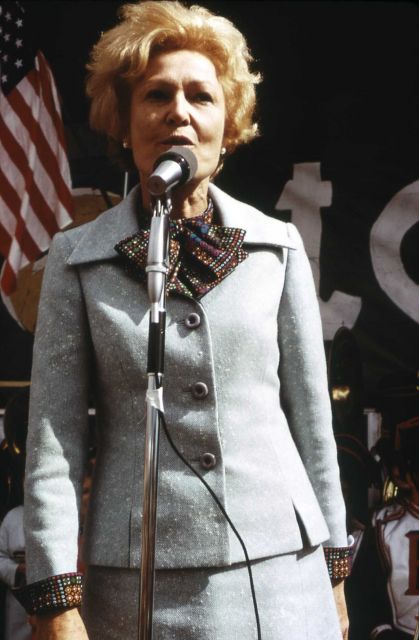 Mrs Pat Nixon speaking at the West Yellowstone airport Picture