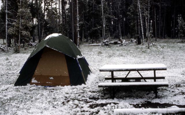Tent in campground with snow Picture
