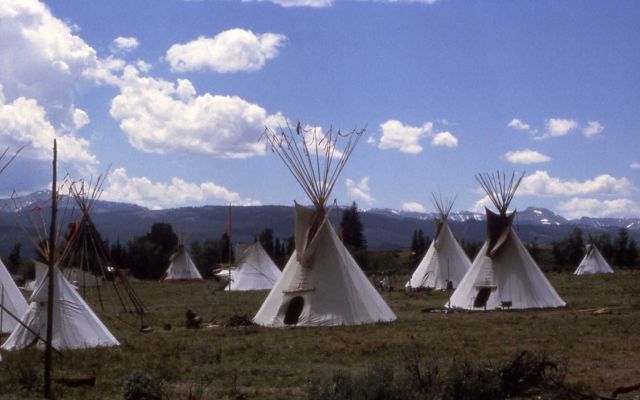 Teepees at National Rendezvous on Gros Ventre River, east of Jackson's Hole) - History - Indians Picture
