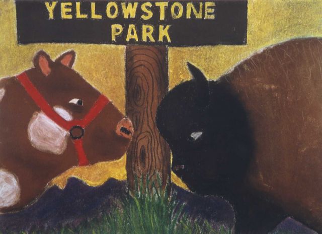 Tempra of cow & bison under Yellowstone Park sign Picture
