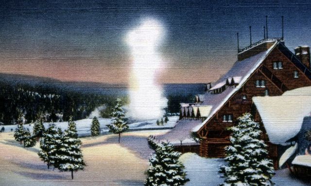 Postcard of Old Faithful Geyser & Inn in the winter Picture