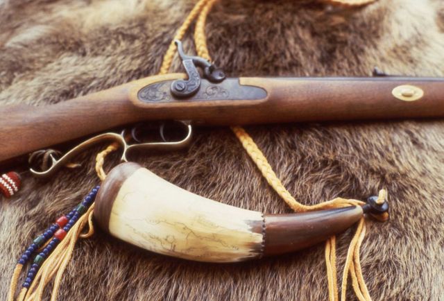 50c Hawkin percussion cap rifle, powder horn with map etching of trapping country Picture