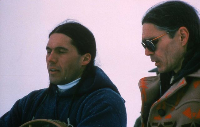 John Potter (Objibwa) & Scott Frazier (Sioux/Crow) at indian prayer & blessing service for arrival of wolves at Blacktail pen Picture