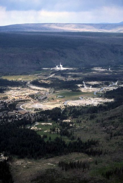 Aerial view of the Summit Lake flow behind the Upper Geyser Basin government area Picture
