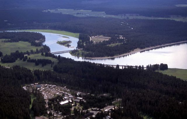 Aerial view of Lake Yellowstone government area with Fishing Bridge in the distance Picture