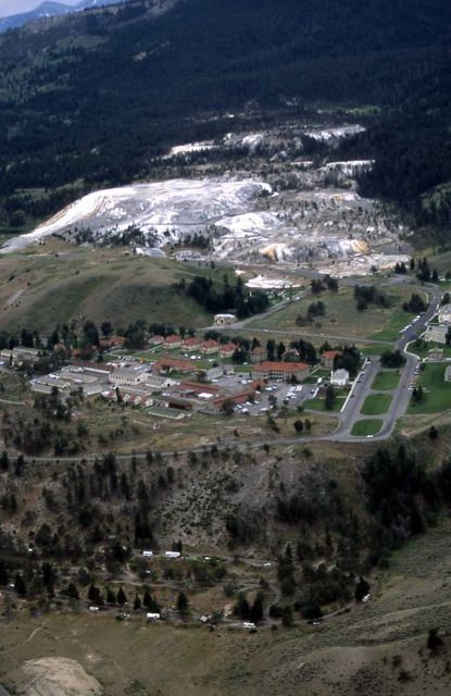 Aerial view of Mammoth Hot Springs campground, upper Mammoth & Mammoth Terraces Picture
