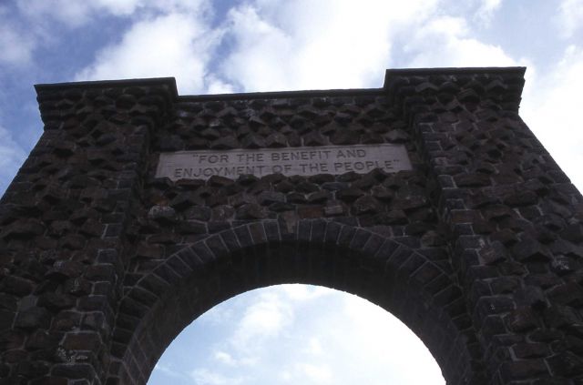 Looking upward at the inscription on the Roosevelt Arch at the north entrance to Yellowstone National Park Picture