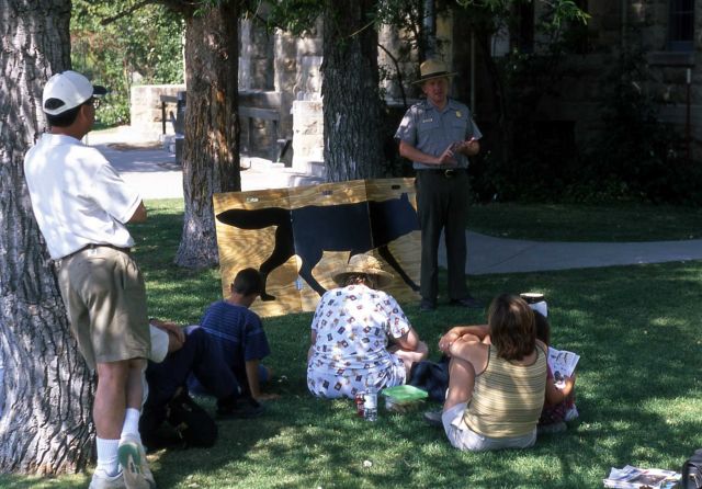 Bill Halverson leading an interpretive talk in front of the Albright Visitor Center in Mammoth Hot Springs Picture