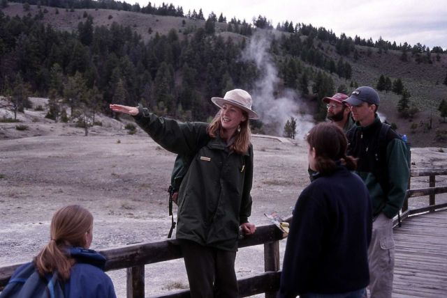 Jen Shoemaker leading an interpretive walk at Mammoth Hot Springs Picture
