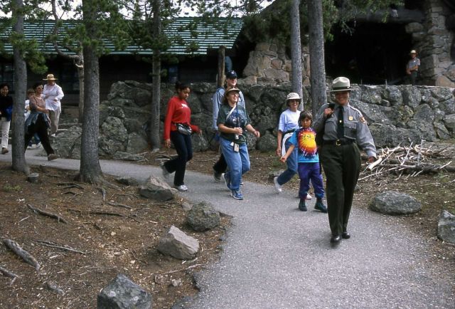 Denise Herman leading an interpretive walk at Norris Geyser Basin Picture