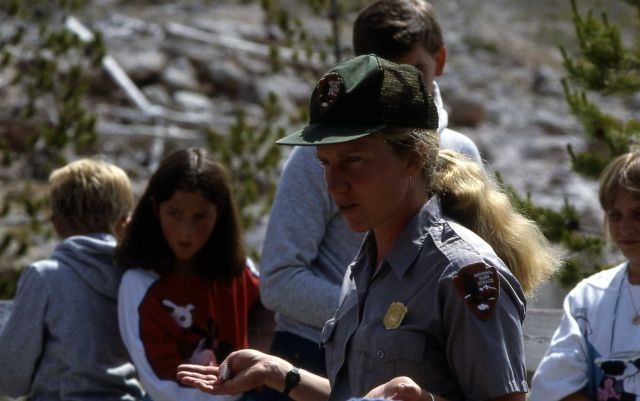 Janet Ellis leading an interpretive talk at Mammoth Hot Springs Picture