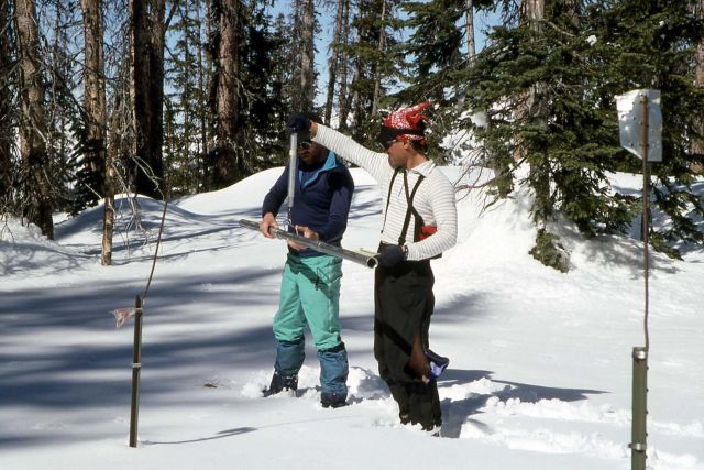 Dave Long & Ranger Brian Chan measuring snow density at Parker Peak snotel site Picture