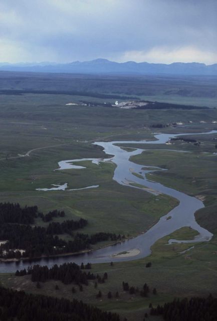 Aerial view of Yellowstone River, Hayden Valley, Crater Hills & Gallatin Mountains Picture