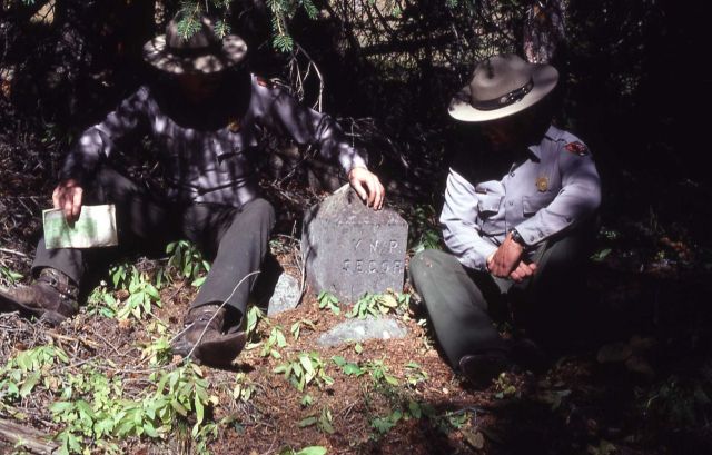 Southeast cornerstone marker - Ranger John Wilcox on left & Lake Sub-District Ranger Roger Rudolph on right Picture