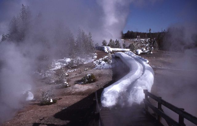 Porcelain Basin with snow on boardwalk - Norris Geyser Basin Picture