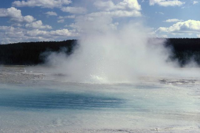 Kaleidoscope Drain Geyser with Deep Blue Geyser in the background - Midway & Lower Geyser Basin Picture