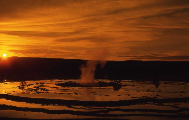 Great Fountain Geyser at sunset - Midway & Lower Geyser Basin Picture