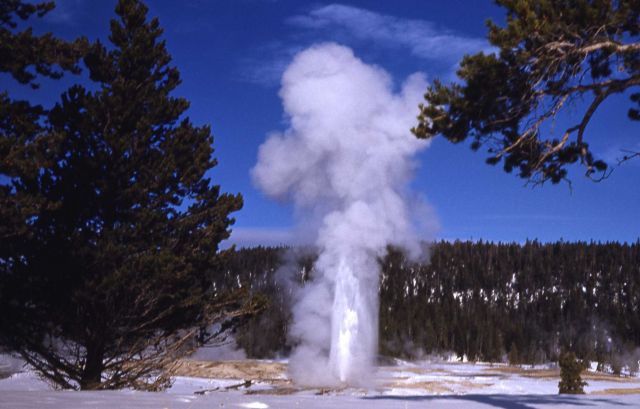 Distant view of Beehive Geyser with snow - Upper Geyser Basin Picture