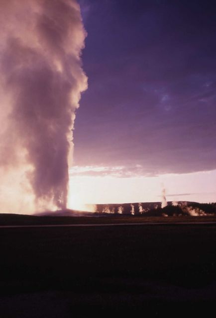 Old Faithful Geyser in the evening - Upper Geyser Basin Picture