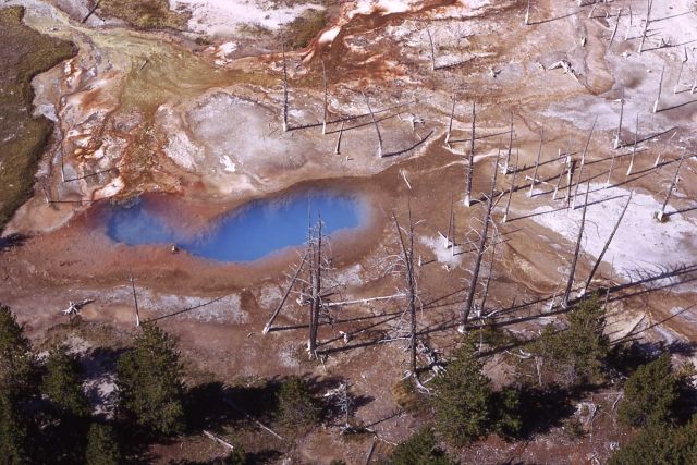 Aerial of Opalescent Pool in Black Sand Basin - Hot Springs, Upper Geyser Basin Picture