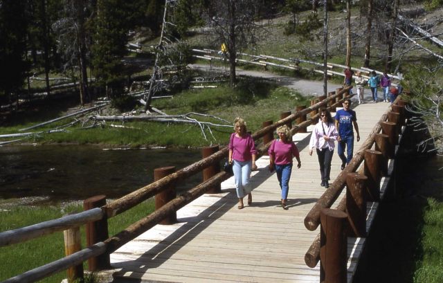 Visitors crossing bridge over Firehole River in Upper Geyser Basin Picture