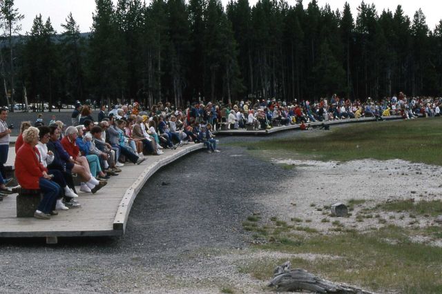 Crowd waiting for eruption of Old Faithful Geyser Picture