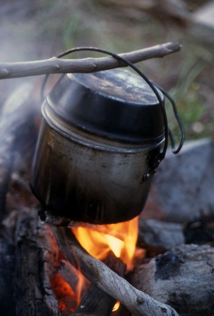 Cooking pot over fire at backcountry campsite Picture
