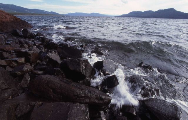 Rocky shore and waves on Yellowstone Lake Picture