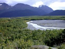 Mountains and a braided stream along the George Parks Highway. Image
