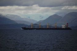 A large cargo vessel transiting the Strait of Magellan Image