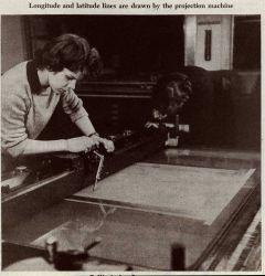Longitude and latitude lines are drawn on the Coast and Geodetic Survey projection ruling machine Image