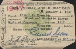 Night and holiday pass to get into Commerce Building for Arthur Howerter, a Coast and Geodetic Survey employee Image