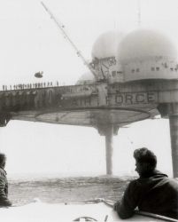 Approaching Air Force early warning radar tower off Georges Shoal during survey operations from USC&GS Ship HYDROGRAPHER Image