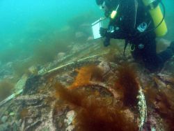 A marine archaeologist taking measurements of the boiler face of the HASSLER. Image