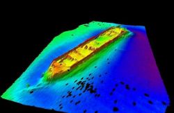 A multi-beam sounding record of a sunken barge. Image