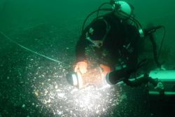 Steve Sellers, Diving Safety Officer of East Carolina University, holding measuring tape to map location of Kad'yak's hub prior to recovery for preser Image