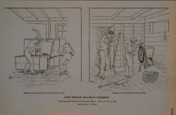 Packing fresh halibut at Gloucester, Mass Preparing ice with pick and grinding machine; nailing covers on the boxes Use of devil's claw Drawings by H Photo
