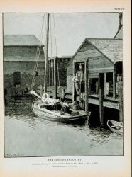 Herring boat landing fish at sardine cannery, Eastport, Maine From a photograph by T Photo